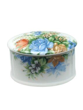 Vintage English Garden Floral Trinket Box, Porcelain Oval Flowers on Lidded Dish